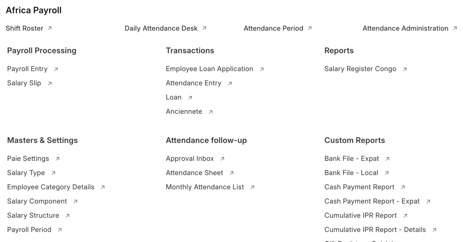 Africa Payroll workspace showing payroll processing, attendance administration, salary settings, bank files, and payroll report shortcuts.