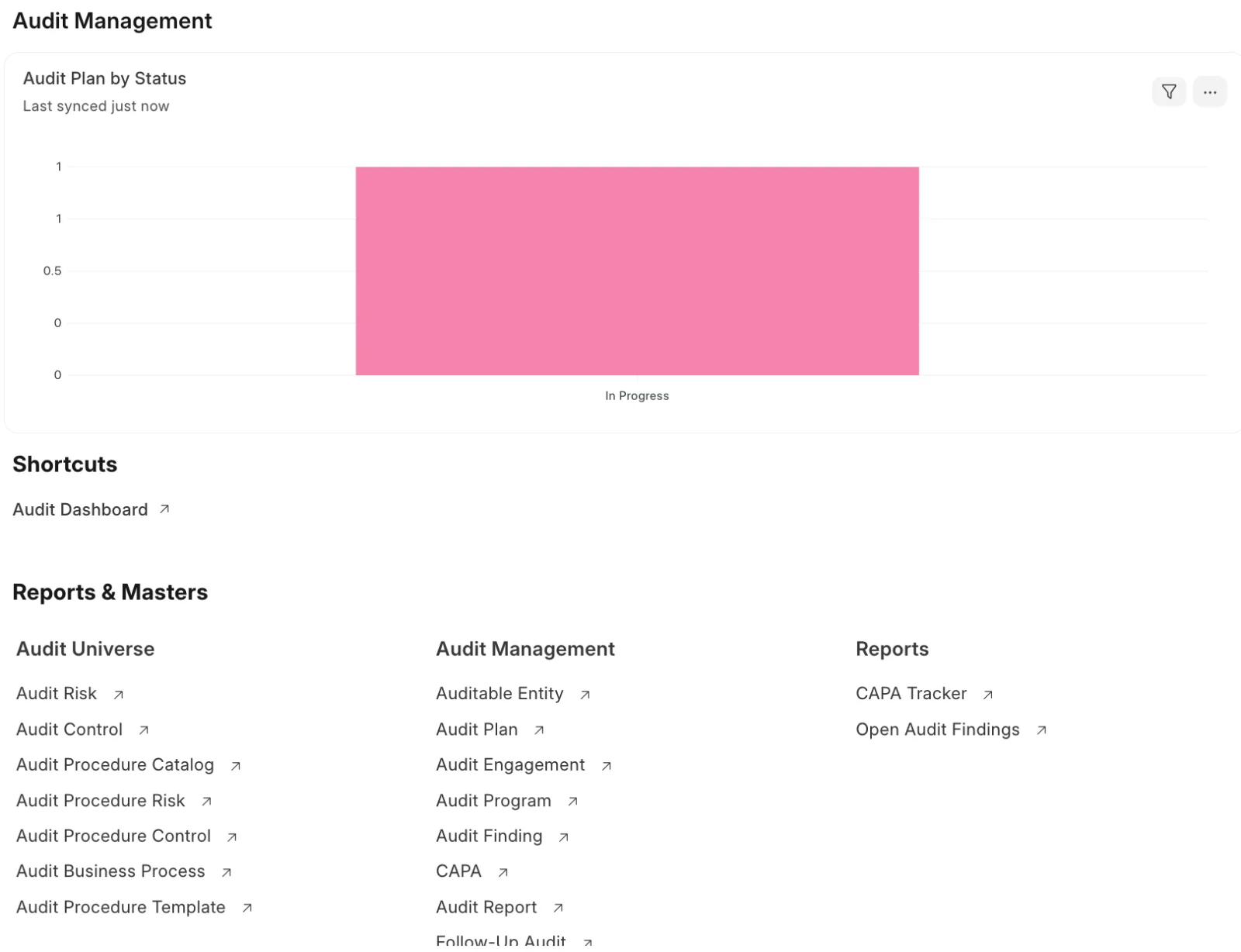 Audit Management workspace showing audit plan status, risk and control records, audit findings, CAPA, and reports.