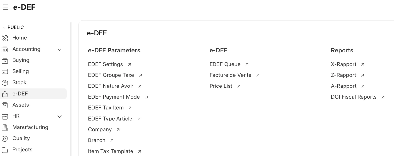 e-Def workspace in ERPNext showing fiscal settings, the processing queue, sales invoices, and fiscal report shortcuts.