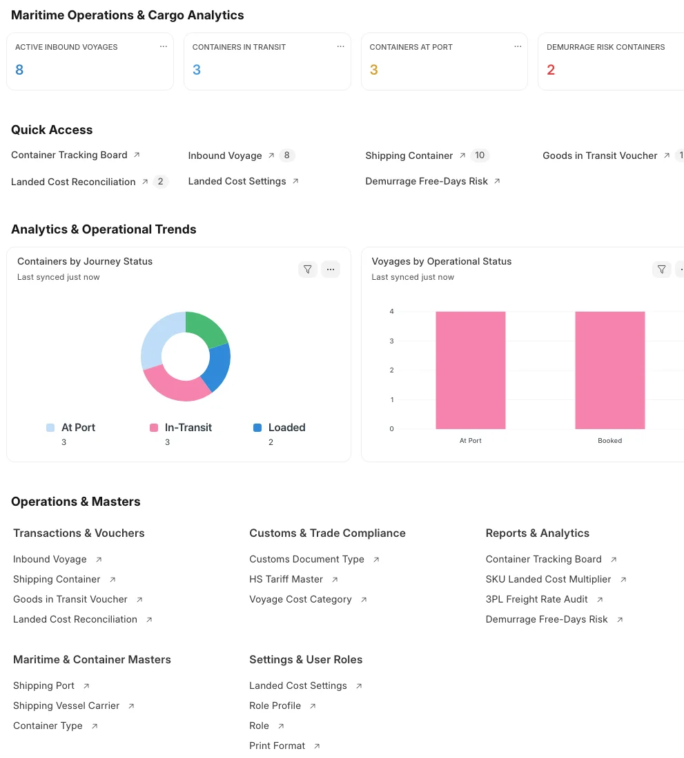 Import Tracking and Landed Cost workspace showing voyages, container statuses, demurrage risks, landed-cost reconciliation, and maritime analytics.