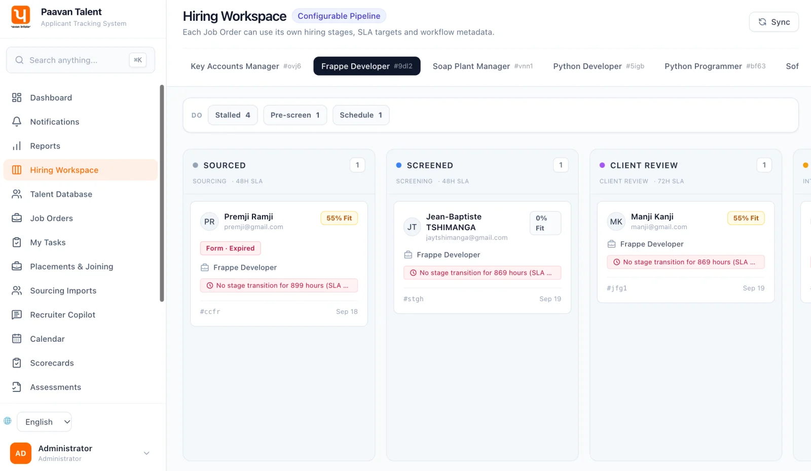 Paavan Talent Hiring Workspace showing job orders, configurable pipeline stages, and recruitment task queues.