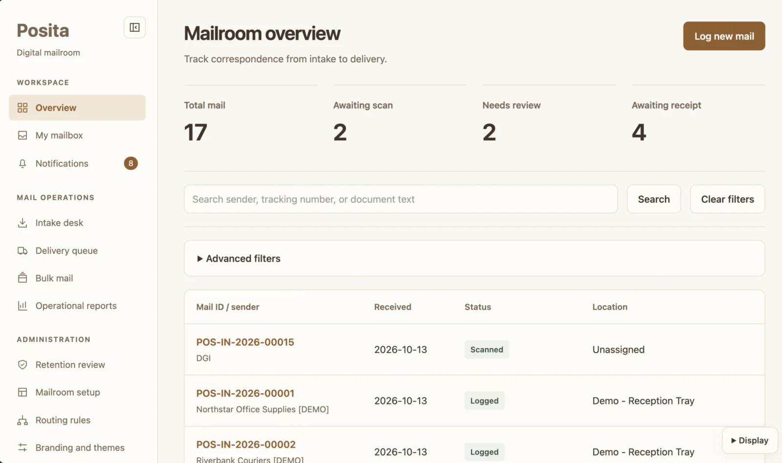 Posita mailroom overview showing correspondence queues, search, mail statuses, and routing tools.