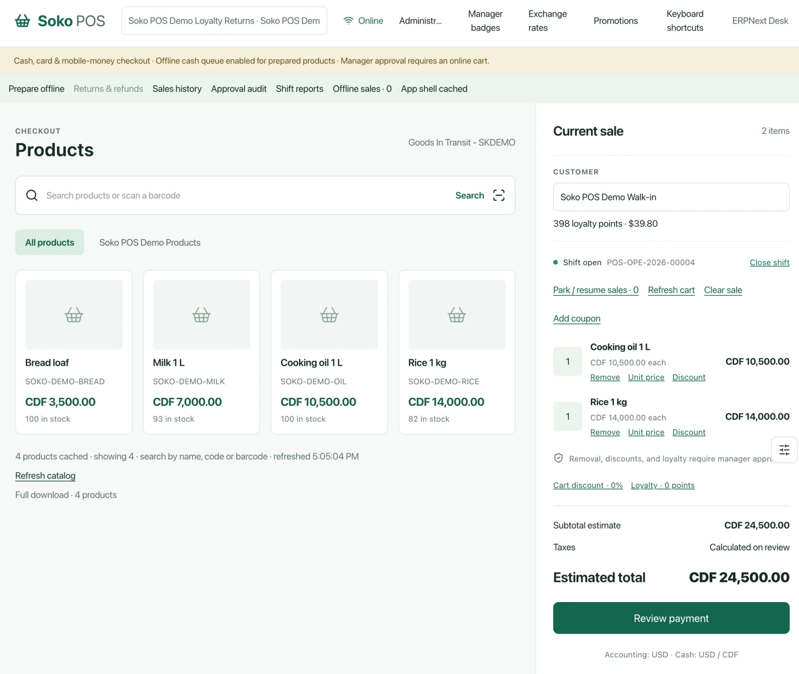 Soko POS demo checkout showing the product catalog, barcode search, cart, loyalty options, and payment review.